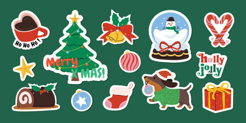 Fototapeta premium Merry Christmas stickers set. Cute hand drawn element of christmas tree, bauble, dog, snow globe, gift, ornament, bells, candy cane, hot chocolate, Yule log cake, sock. Happy holiday illustration.