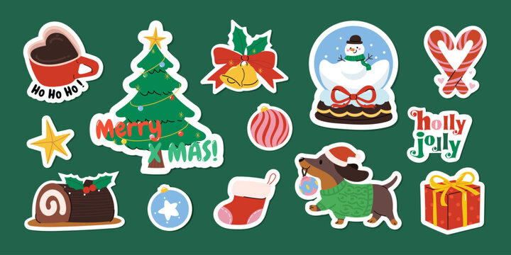Merry Christmas stickers set. Cute hand drawn element of christmas tree, bauble, dog, snow globe, gift, ornament, bells, candy cane, hot chocolate, Yule log cake, sock. Happy holiday illustration.