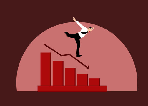 Business executive falling down a financial bar graph representing stock market crash and economic recession with business recession financial downward executive businessman