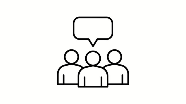 A minimalist vector graphic of three people with a speech bubble