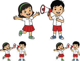 Cute Indonesian Elementary School Students Boy with Megaphone and Cheerful Girl Vector Illustration Set for Education and Back to School Designs