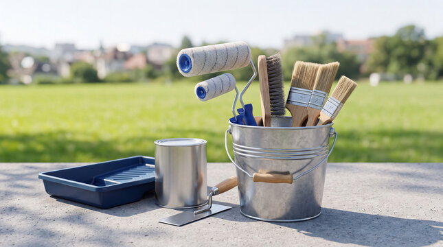 Metal bucket with paint rollers, brushes, can, tray, and trowel outdoors. Concept of home improvement, renovation project, DIY tools, painting supplies.