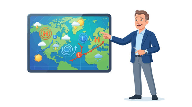Meteorologist points to weather map showing pressure systems and weather fronts on a global map
