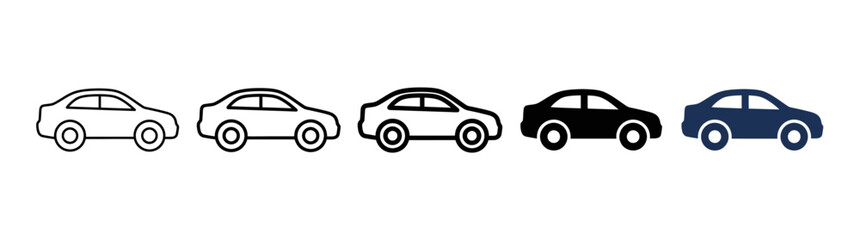 Obraz premium Set of five car icons with different styles: outline, filled, silhouette, and color variations.