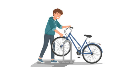Fototapeta premium Young man in casual clothes parking a blue bicycle in a bike rack on a white background