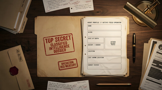 Top secret classified intelligence dossier with confidential documents on office desk