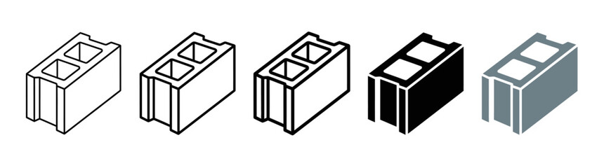 Set of concrete block icons: line art, filled, and solid styles, isolated on white background. © Pardi