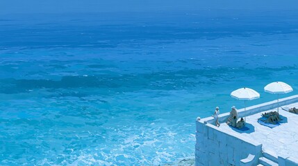 Obraz premium Sunbathers rested peacefully by the ocean, with a clear blue sea behind them.