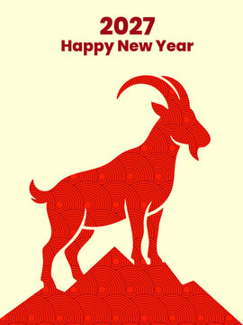 2027 Happy New Year Greeting Card with Red Goat Silhouette and Japanese Wave Pattern Vector Illustration