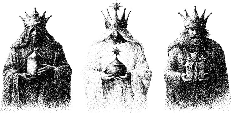 Three kings epiphany scene with crowns and gifts for christmas and epiphany banner background religious nativity design