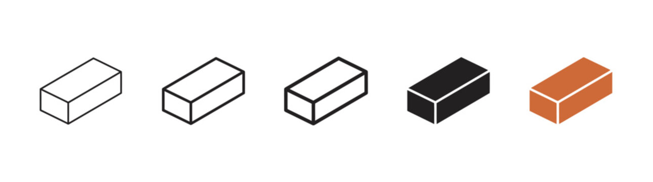 Set of five isometric bricks in outline, solid black, and terracotta colors on white background