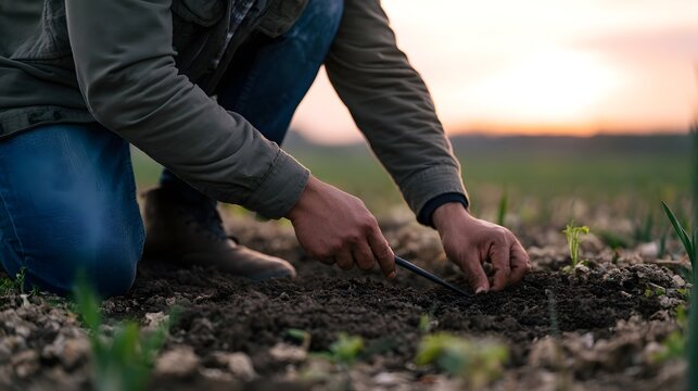 A person kneels in a field at sunset  using a tool to measure soil for agricultural purposes