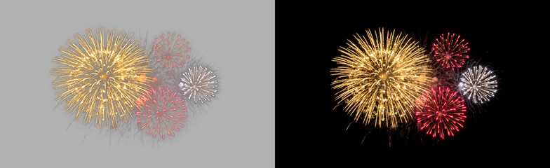 Fototapeta premium Bright gold firework cluster with red and white accents isolated on transparent background, festive starburst celebration explosion, glowing night sky effect PNG