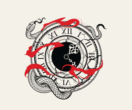 Vintage Cracked Clock With Coiled Snake Red Flame Tattoo Vector Illustration