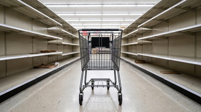 Abandoned shopping cart facing empty supermarket shelves, food shortage, consumer uncertainty, retail disruption, supply crisis.