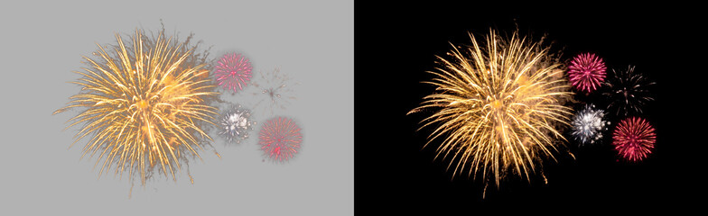 Obraz premium Golden firework with round red spark bursts isolated on transparent background, festive yellow starburst celebration explosion, glowing night effect PNG cutout