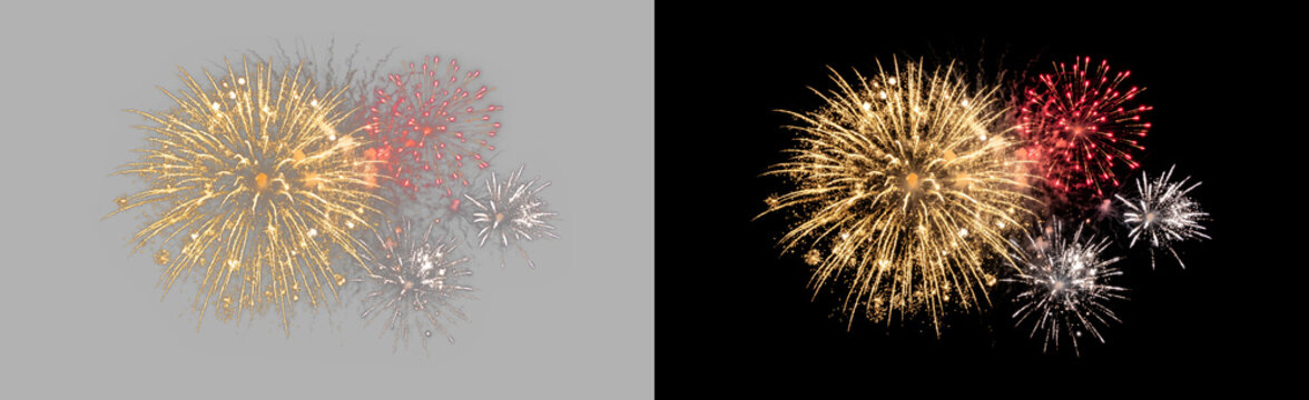 Sparkler firework trio in gold, red, and white isolated on transparent background, festive starburst celebration explosion, glowing night sky effect PNG cutout