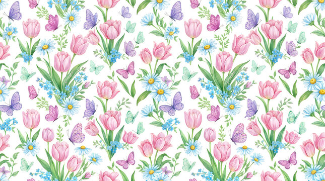 Seamless pattern with pink tulips and colorful butterflies for spring design
