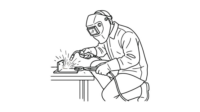 Welder wearing protective gear and mask performs welding on metal structure with sparks flying