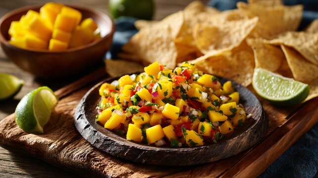 A rustic serving board displaying mango salsa alongside tortilla chips and lime wedges under warm afternoon sunlight