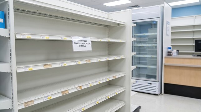 Empty diabetes medication refrigerator in pharmacy, prescription shortage, healthcare supply disruption, patient care, public health concern.