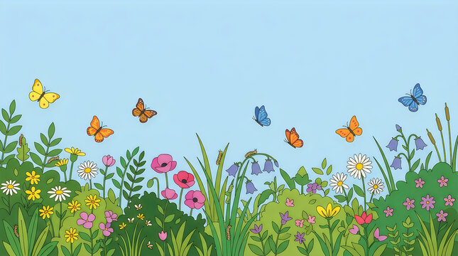 Colorful butterflies flying over a beautiful spring meadow with blooming flowers and green grass