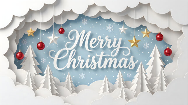 Merry christmas paper art greeting card with pine trees and red ornaments