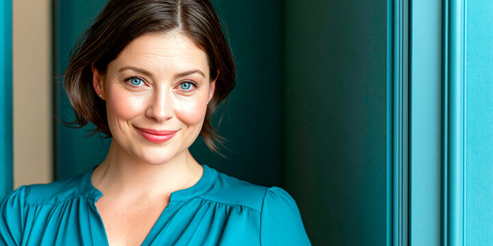 Smiling confident woman in teal blouse looking at camera with friendly expression against dark background with copy space