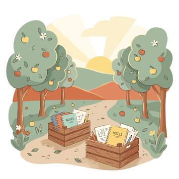 Cute cartoon green trolls sitting on wooden bench with baskets.