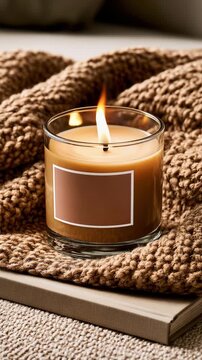 Cozy scented candle burning on a knitted blanket with a book, creating a warm hygge atmosphere for relaxation and self care