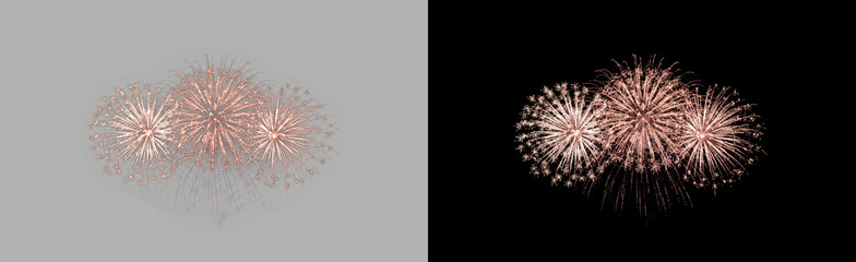 Obraz premium Cluster of pink fireworks exploding isolated on transparent background, rose and coral starburst celebration effect, festive glowing night sky PNG cutout