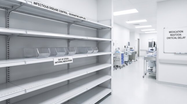 Hospital pharmacy shelving with depleted antiviral medication supplies, healthcare shortage, patient care, emergency preparedness, public health.