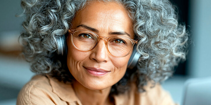 Smiling mature woman with gray curly hair wearing glasses and headphones looking at camera in a close up portrait