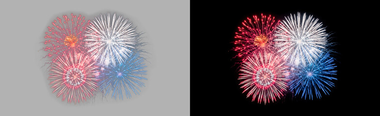 Fototapeta premium Patriotic firework set in red, white, and blue isolated on transparent background, festive starburst celebration explosion, night sky glowing light effect PNG cutout