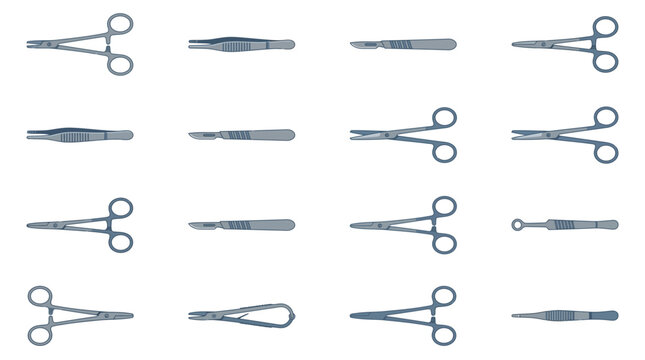 Surgical tools including forceps and clamps set.
