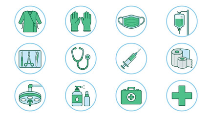 Fototapeta premium Circular medical icons featuring healthcare professionals and equipment.