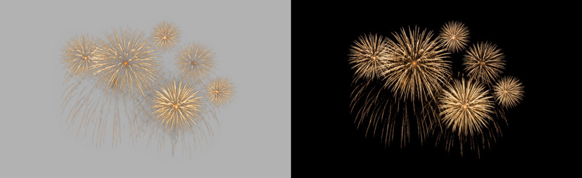 Cluster of gold fireworks bursting isolated on transparent background, amber spark starburst celebration effect, festive night light explosion PNG cutout