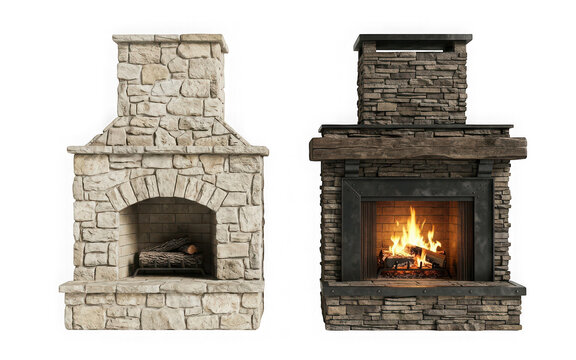 Two stone outdoor fireplaces with different designs isolated on transparent background