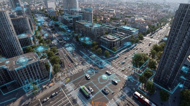 Aerial view of a futuristic city overlayed with digital connectivity graphics, showcasing urban innovation and smart technology.