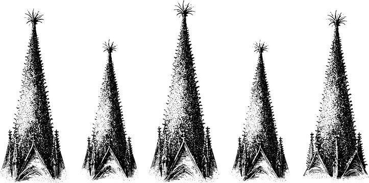 Tall narrow gothic spires in engraved etching style for architectural banner and background design with slender steeple variations