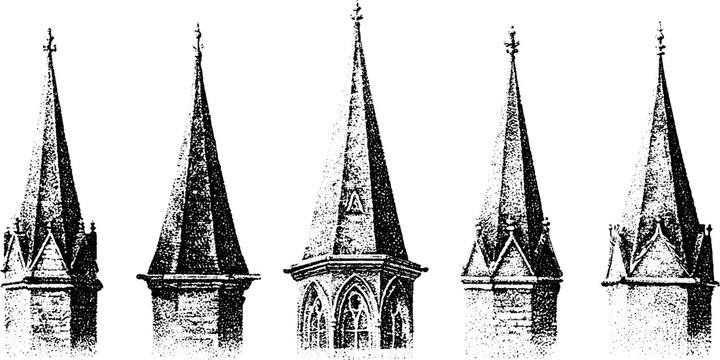 Gothic spire set with flying buttress details in engraved etching style for architectural background and design elements