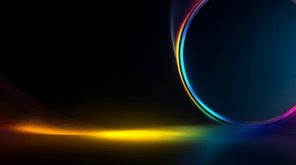 Obraz premium Neon glowing rings and sweeping light trails on reflective surface, abstract futuristic stage background with rainbow colors
