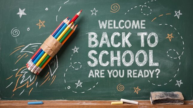 Colorful chalkboard with pencil rocket and playful doodles evoking excitement for back‑to‑school.