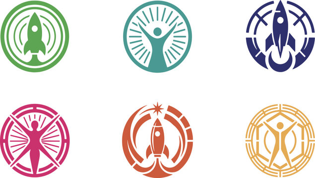 Six modern circular logos featuring rockets and human figures