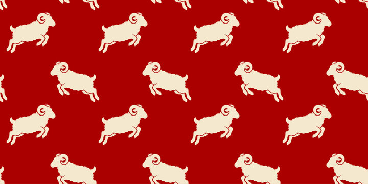 Seamless Pattern with White Jumping Rams on Red Background Vector Illustration