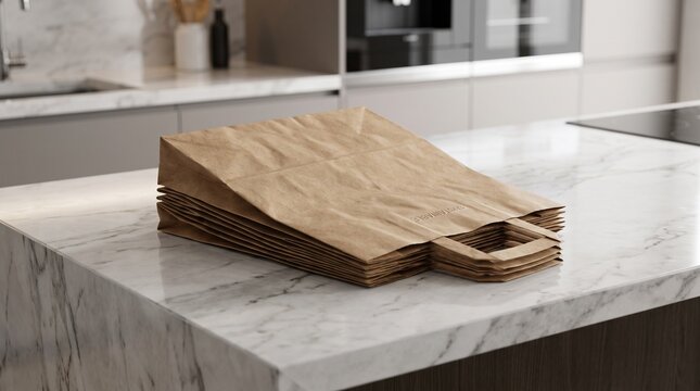 Stack of brown paper grocery bags on a kitchen counter. These bags are reusable and eco-friendly, perfect for shopping and everyday use.