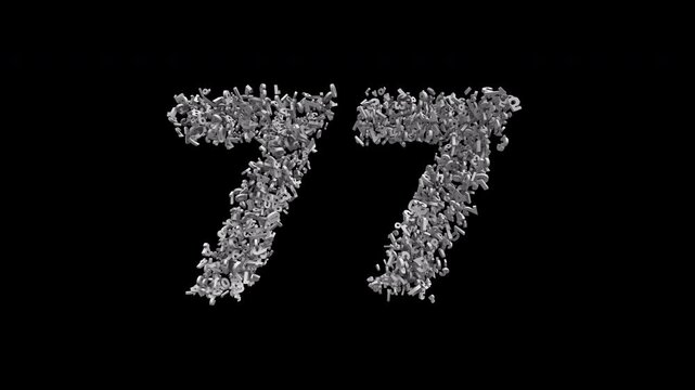 Number 77 Formed by Small Digits Animation with Alpha Channel. Typographic Number Formation Effect. Digital Number Made of Numbers. 3D Font Typographic Animation. Transparent BG