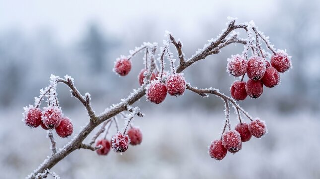 A close-up shot of red berries on a branch, covered in frost. The background is blurred and a soft white, creating a delicate winter scene