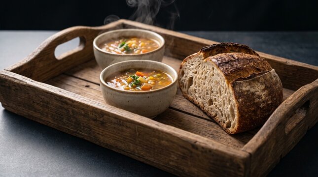 Two steaming bowls of hearty soup served with a loaf of crusty bread on a rustic wooden tray. The soup appears to be a vegetable-based stew, garnished with fresh herbs.