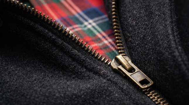 Close-up of a metallic zipper with a tartan fabric lining, suggesting a stylish garment. The zipper teeth are visible, and the pull tab is angled upwards, ready to close or open the garment